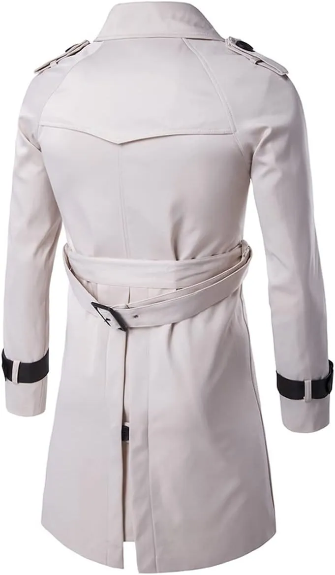 AOWOFS Men's Double Breasted Trench Coat Stylish Slim Fit Mid Long Belted Windbreaker