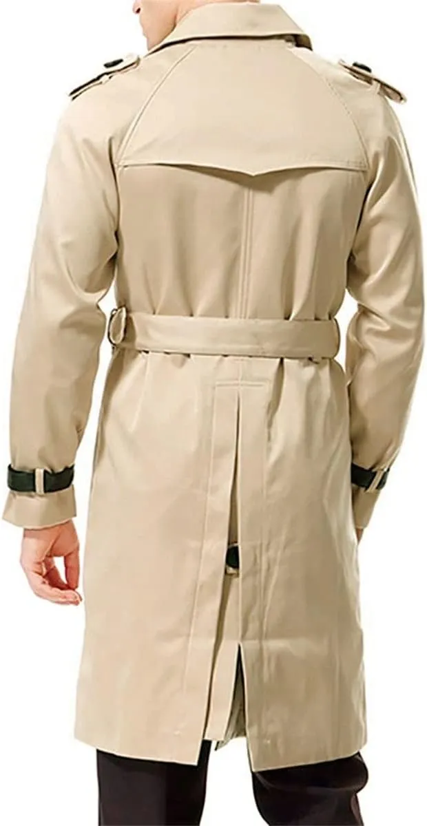 AOWOFS Men's Double Breasted Trench Coat Stylish Slim Fit Mid Long Belted Windbreaker