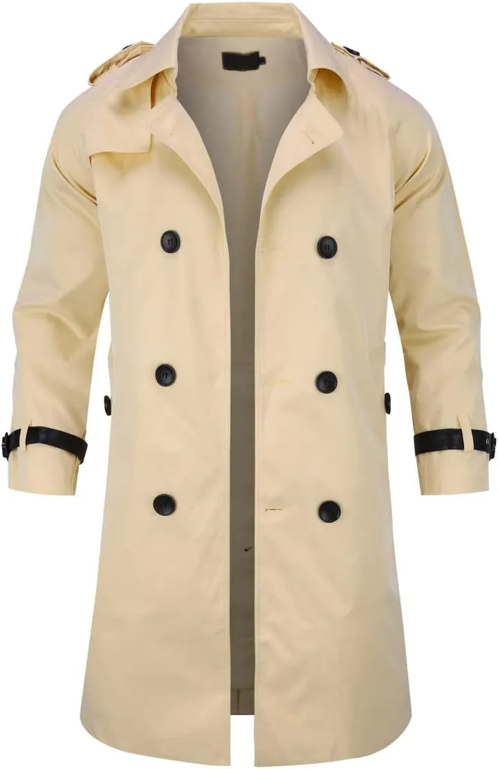 AOWOFS Men's Double Breasted Trench Coat Stylish Slim Fit Mid Long Belted Windbreaker