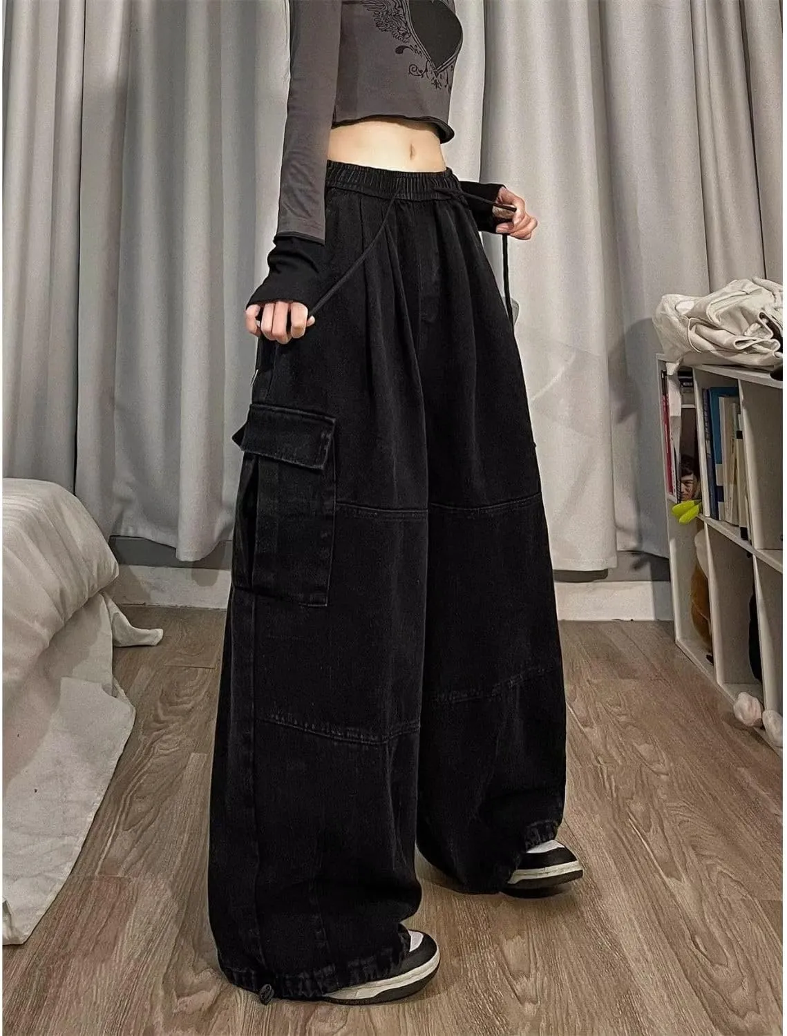 Baggy Cargo Pants for Women Men Y2k Wide Leg Sweatpants High Waisted Drawstring Pants Hip Hop Clothes