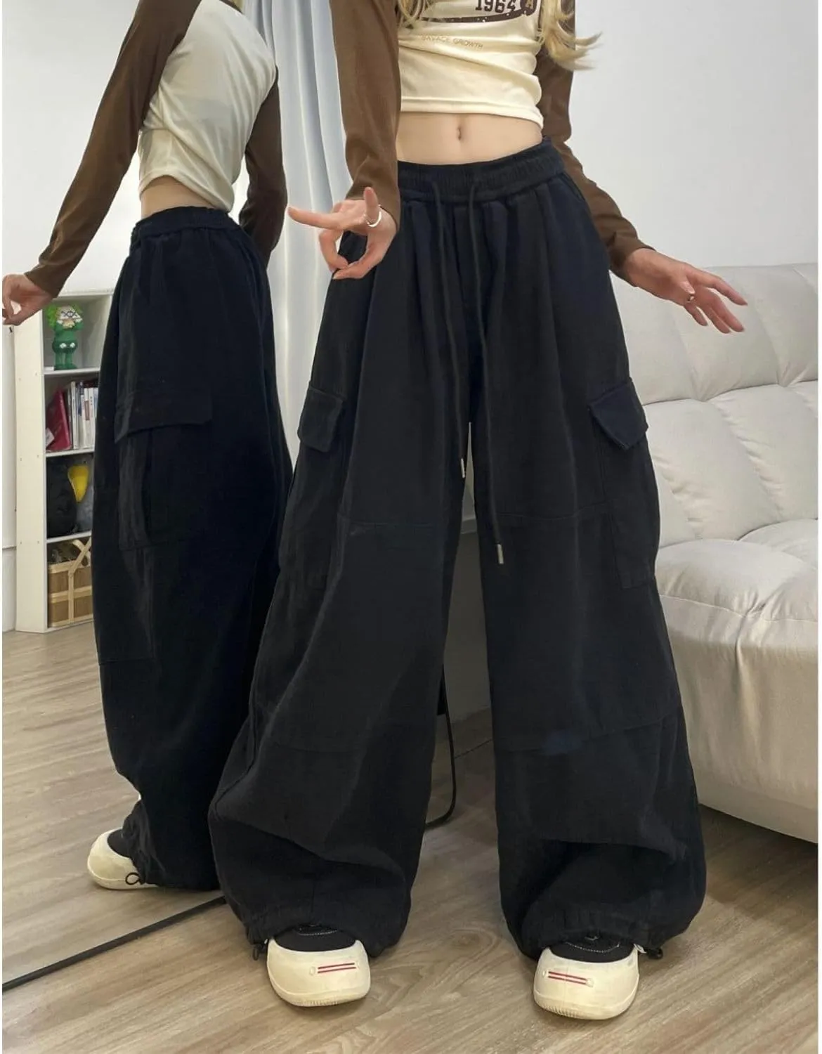 Baggy Cargo Pants for Women Men Y2k Wide Leg Sweatpants High Waisted Drawstring Pants Hip Hop Clothes