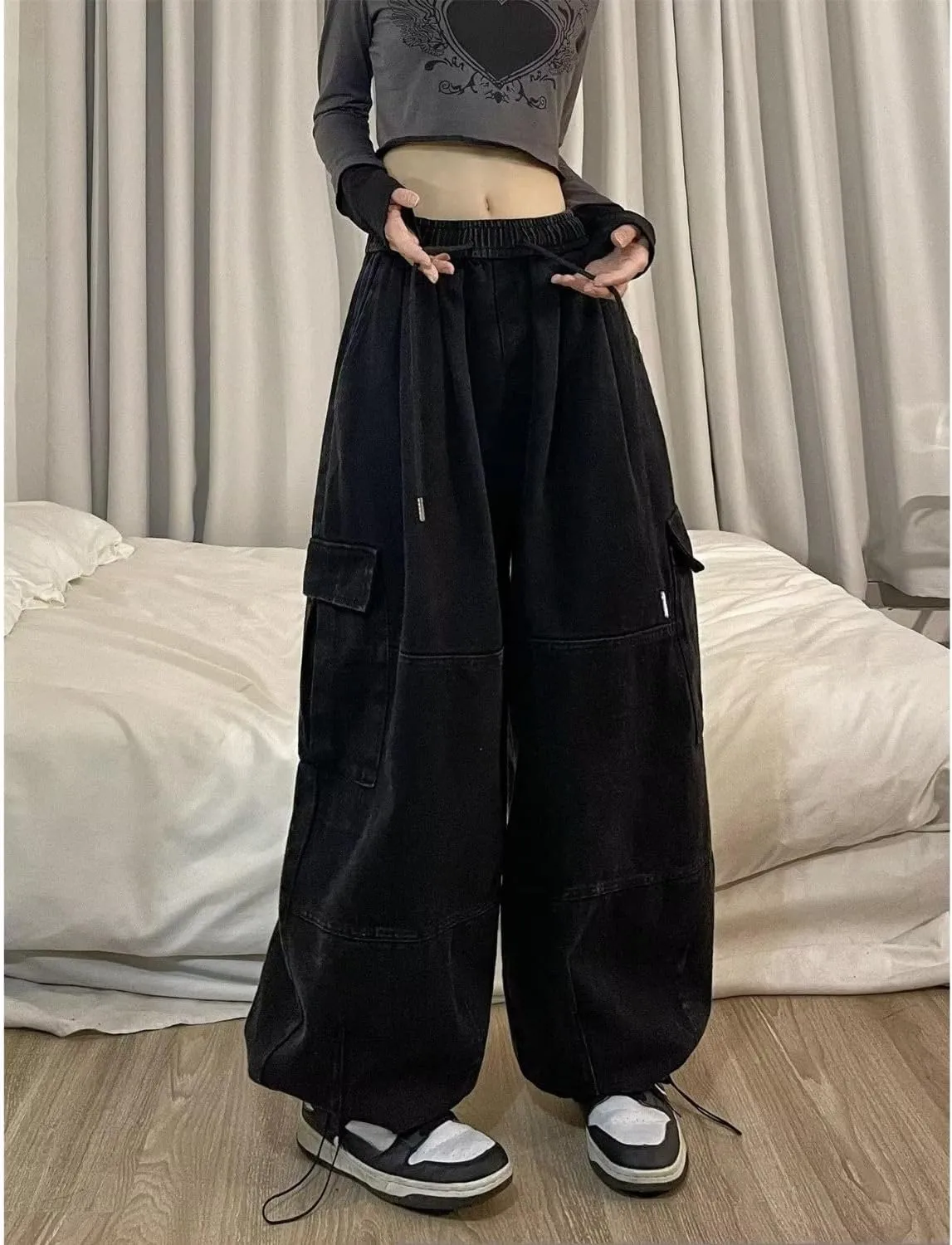 Baggy Cargo Pants for Women Men Y2k Wide Leg Sweatpants High Waisted Drawstring Pants Hip Hop Clothes