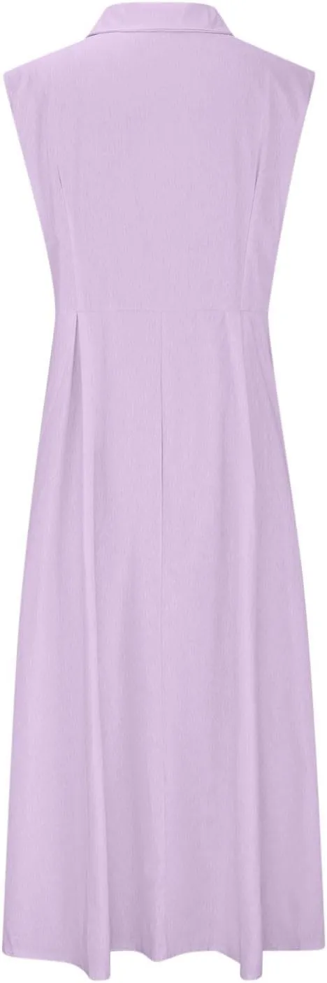 BAXLIMEK Linen Dresses for Women 2025,Summer Trendy Sleeveless Lapel Button Down Dress Flowy Ruched Work Office Maxi Dress