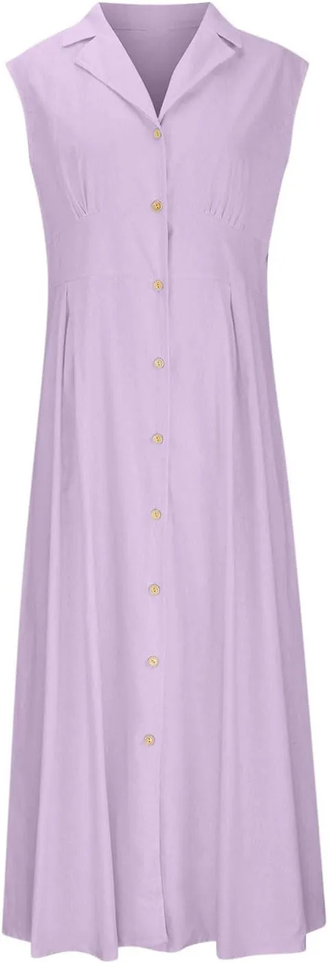 BAXLIMEK Linen Dresses for Women 2025,Summer Trendy Sleeveless Lapel Button Down Dress Flowy Ruched Work Office Maxi Dress