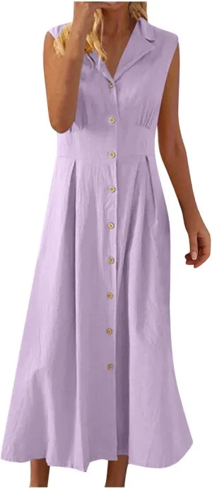 BAXLIMEK Linen Dresses for Women 2025,Summer Trendy Sleeveless Lapel Button Down Dress Flowy Ruched Work Office Maxi Dress