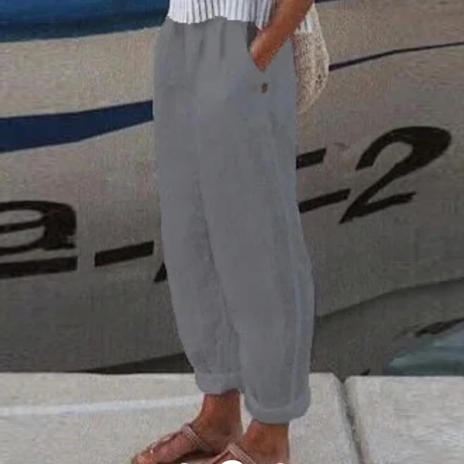 Beach Pants for Women Boho Style Cotton Linen Palazzo Trousers Drawstring Elastic Waist Summer Lounge Travel Pants