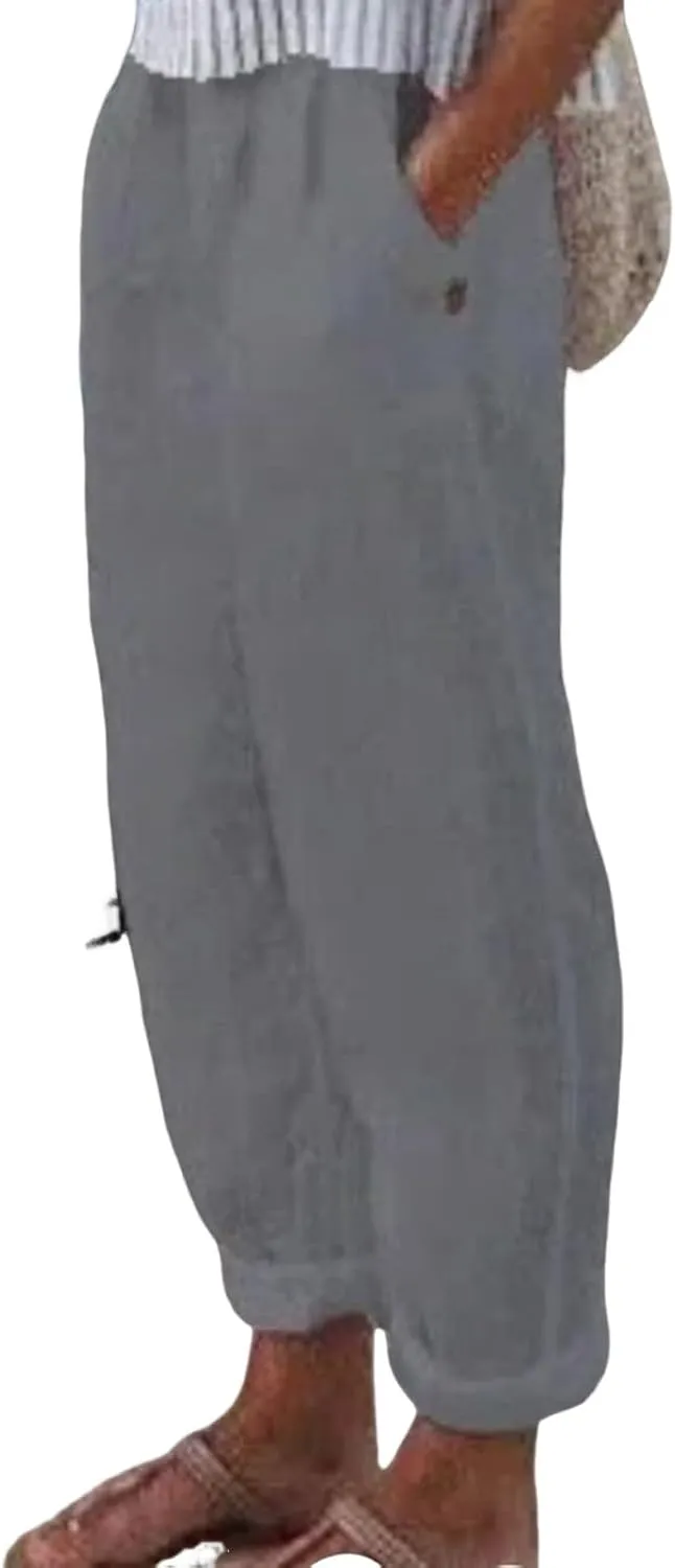 Beach Pants for Women Boho Style Cotton Linen Palazzo Trousers Drawstring Elastic Waist Summer Lounge Travel Pants