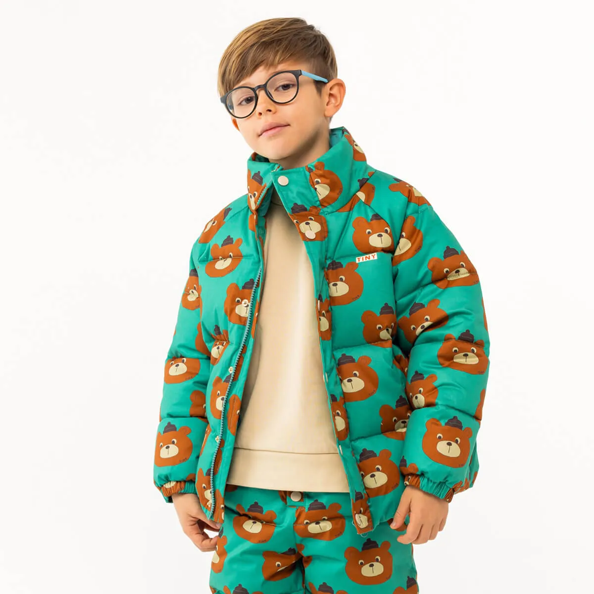 Bears Short Padded Jacket in Emerald by Tinycottons