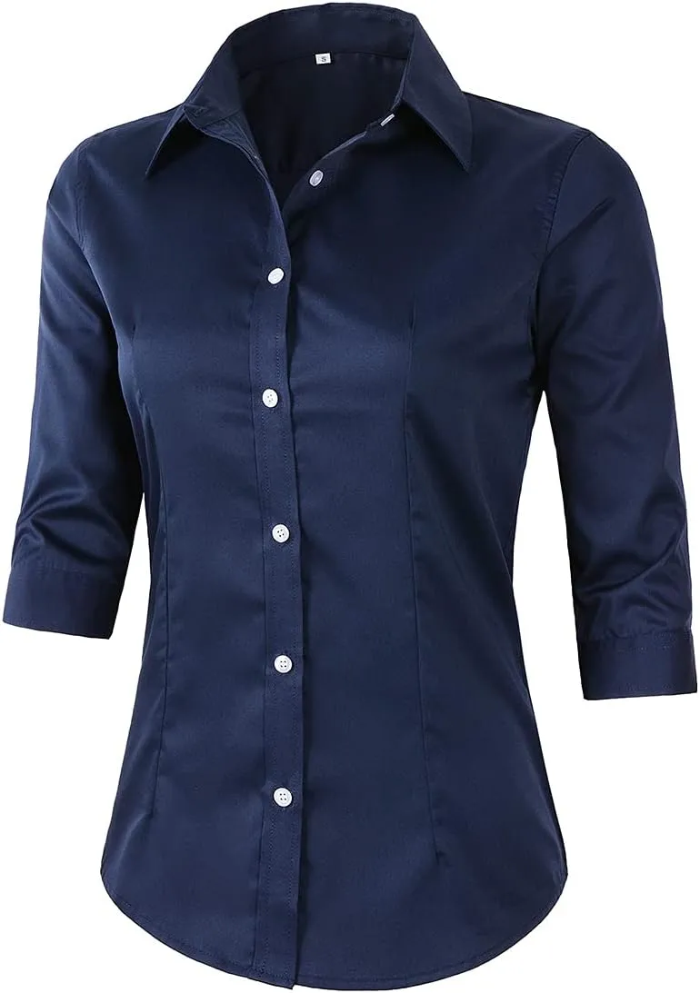 Beninos Women's 3/4 Sleeve Formal Work Wear White Button Down Shirt