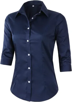 Beninos Women's 3/4 Sleeve Formal Work Wear White Button Down Shirt