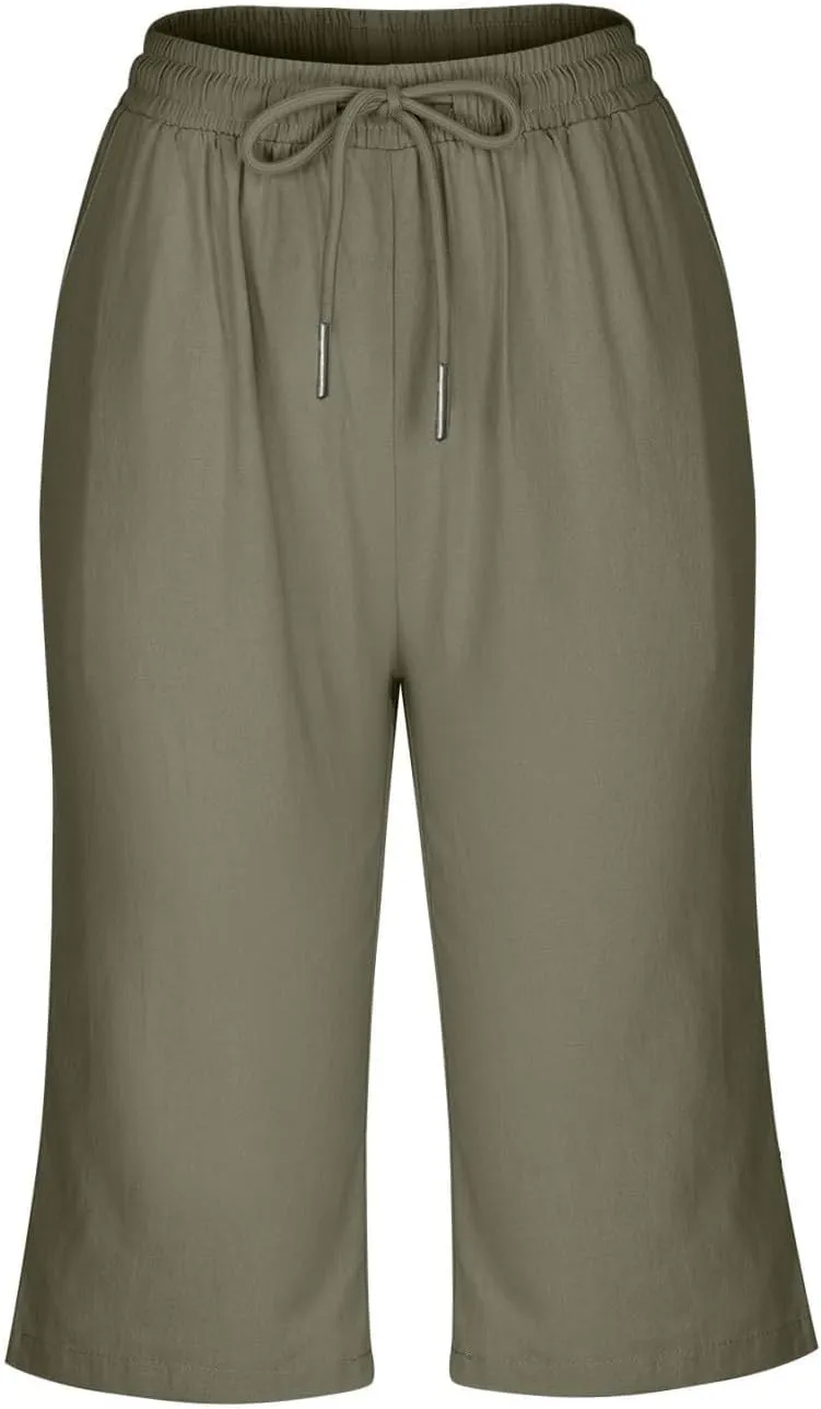 Bermuda Shorts for Women Summer Linen Wide Leg Pants Drawstring High Waist Pants with Pockets Casual Beach Shorts
