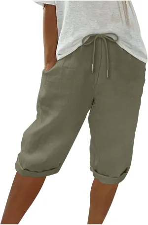 Bermuda Shorts for Women Summer Linen Wide Leg Pants Drawstring High Waist Pants with Pockets Casual Beach Shorts