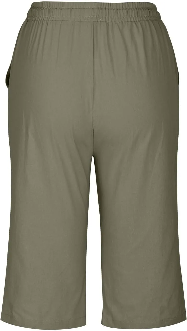 Bermuda Shorts for Women Summer Linen Wide Leg Pants Drawstring High Waist Pants with Pockets Casual Beach Shorts
