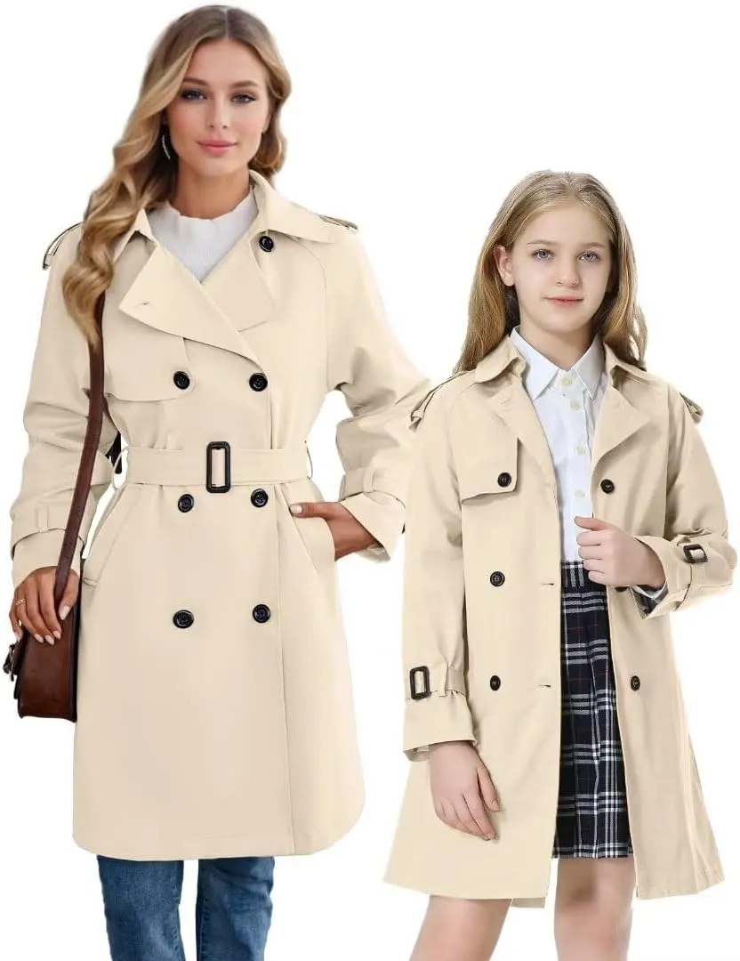 Betusline Girls & Women's Trench Coat Double Breasted Classic Lapel Outerwear, 3 Years - Women 2XL