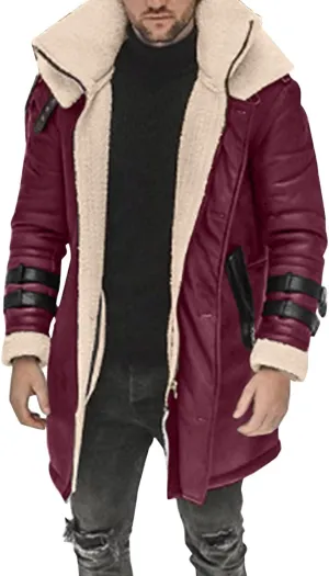 BIFUTON Winter Coats for Men,Men's Shearling Leather Coat Faux Suede Sherpa Lined Winter Thicken Warm Hooded Sheepskin Jacket