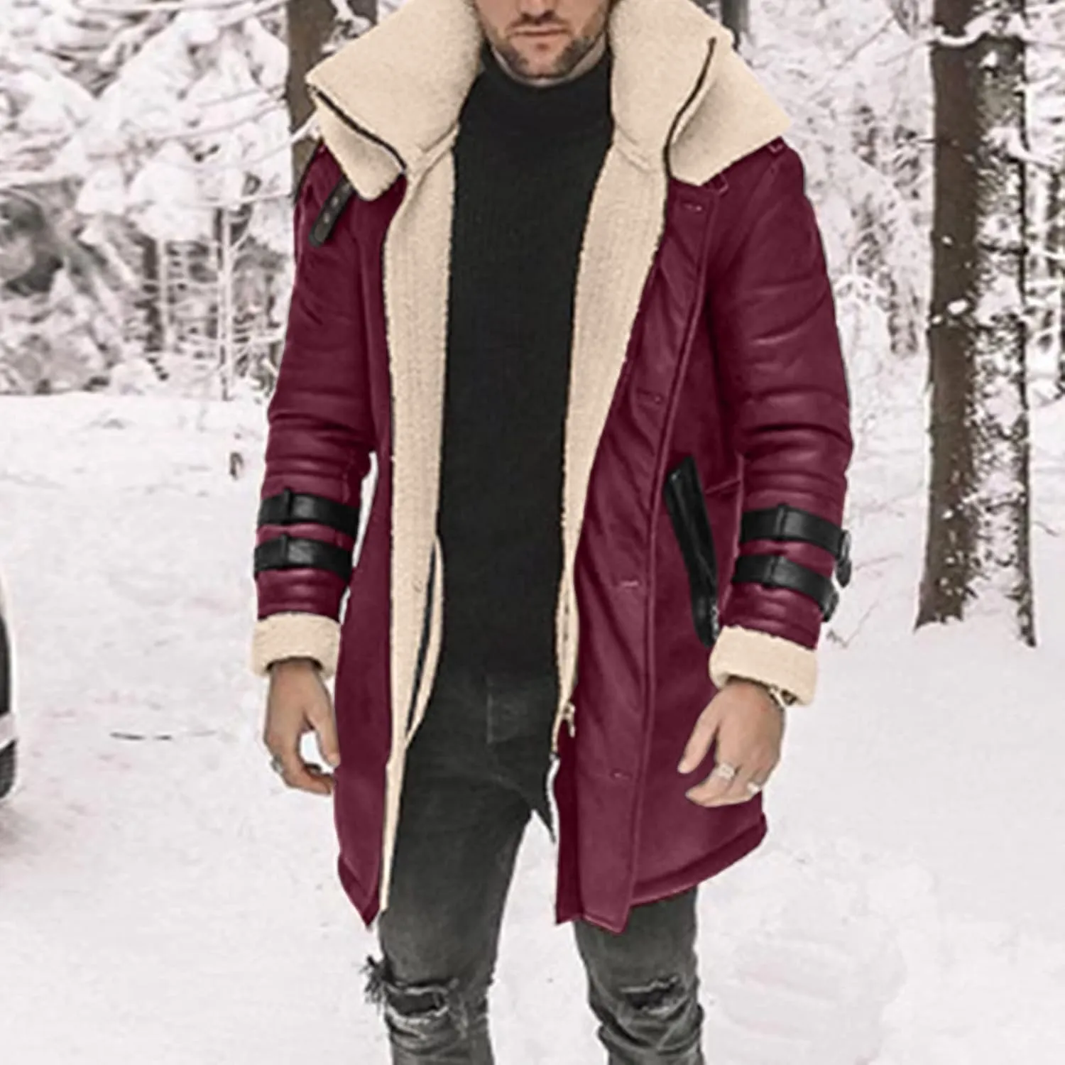 BIFUTON Winter Coats for Men,Men's Shearling Leather Coat Faux Suede Sherpa Lined Winter Thicken Warm Hooded Sheepskin Jacket