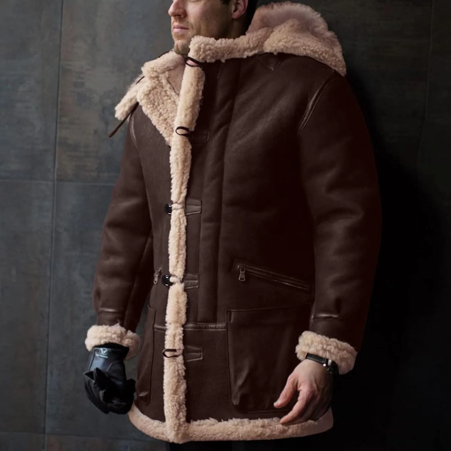 BIFUTON Winter Coats for Men,Men's Shearling Leather Coat Faux Suede Sherpa Lined Winter Thicken Warm Hooded Sheepskin Jacket
