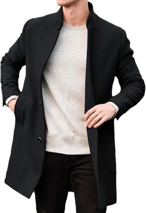 Binmer Men's Wool Blend Pea Coat Stand Collar Single Breasted Overcoat Warm Winter Trench Jackets Casual Business Outwear