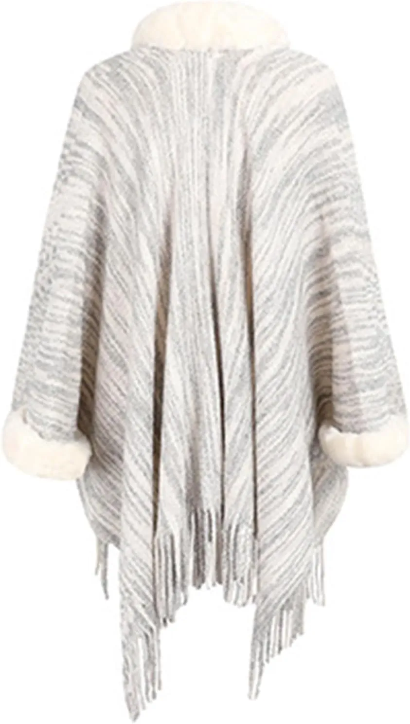 Binmer Women Faux Fur Collar Shawl Wraps Fringed Hem Open Front Cardigan Knitted Winter Warm Tassels Sweater Cloak Coat
