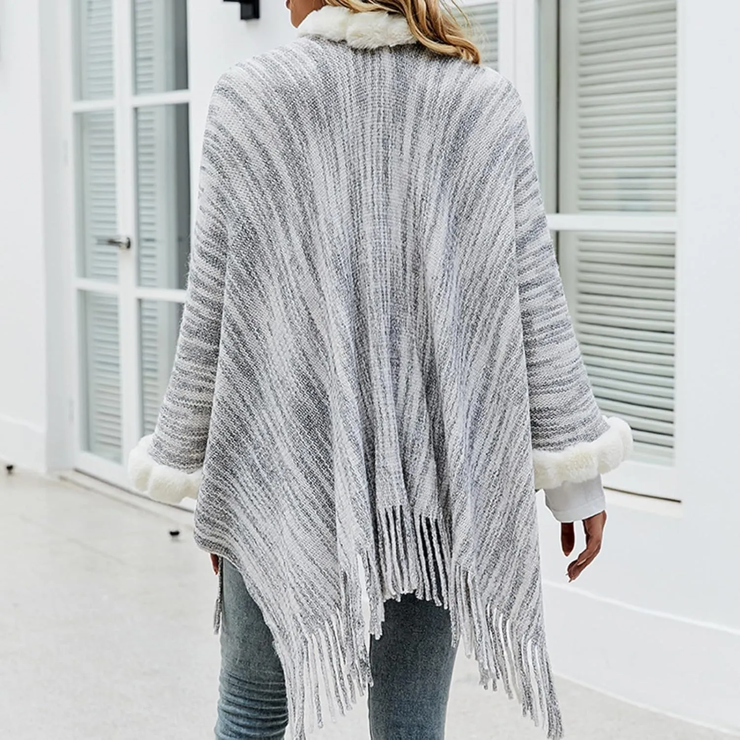 Binmer Women Faux Fur Collar Shawl Wraps Fringed Hem Open Front Cardigan Knitted Winter Warm Tassels Sweater Cloak Coat
