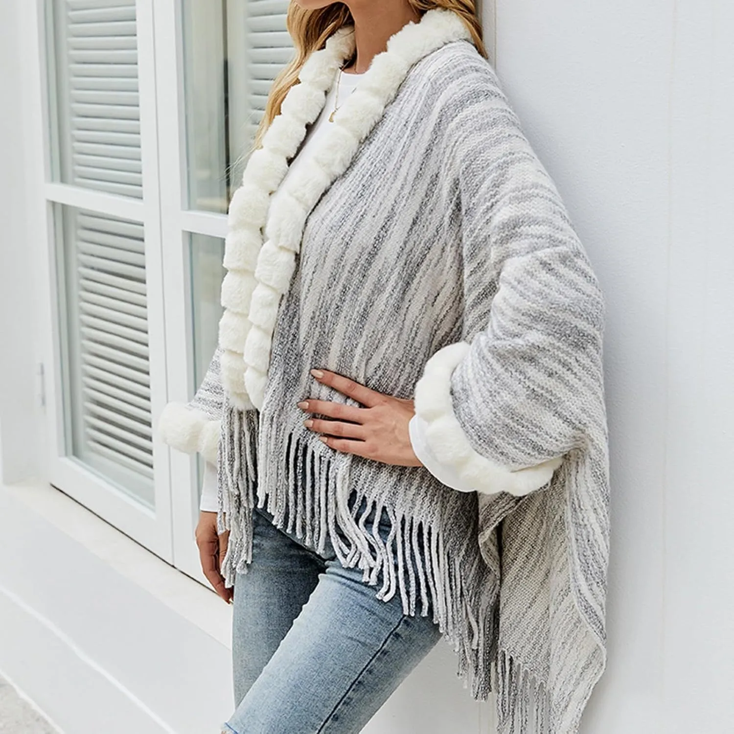 Binmer Women Faux Fur Collar Shawl Wraps Fringed Hem Open Front Cardigan Knitted Winter Warm Tassels Sweater Cloak Coat