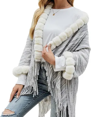 Binmer Women Faux Fur Collar Shawl Wraps Fringed Hem Open Front Cardigan Knitted Winter Warm Tassels Sweater Cloak Coat