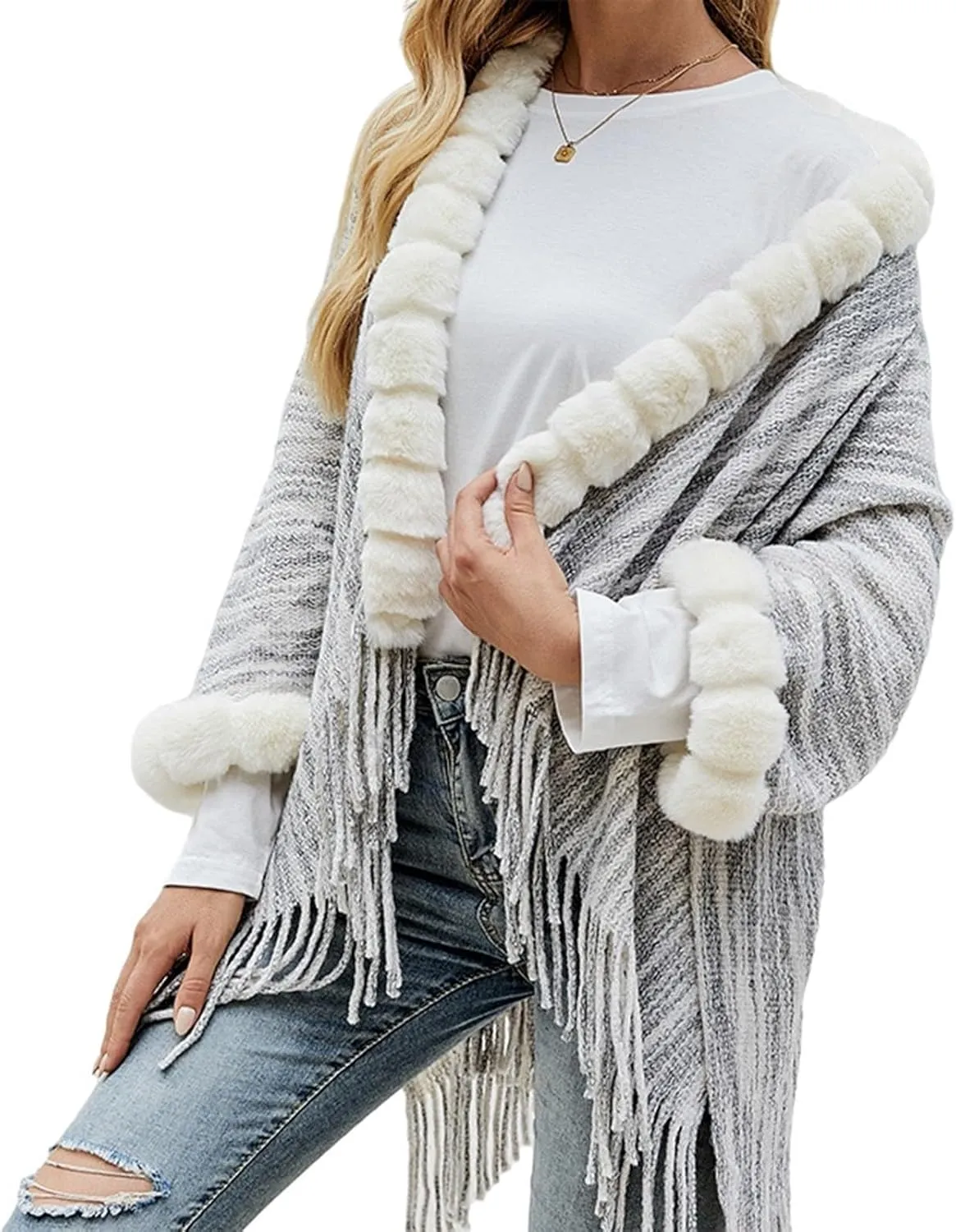 Binmer Women Faux Fur Collar Shawl Wraps Fringed Hem Open Front Cardigan Knitted Winter Warm Tassels Sweater Cloak Coat