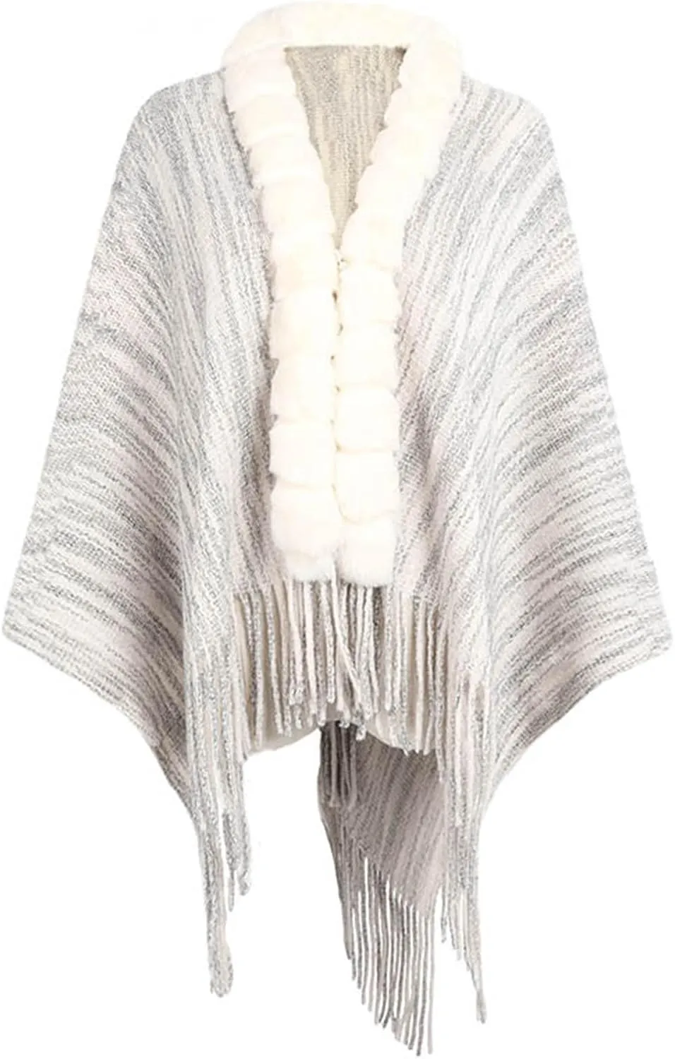 Binmer Women Faux Fur Collar Shawl Wraps Fringed Hem Open Front Cardigan Knitted Winter Warm Tassels Sweater Cloak Coat