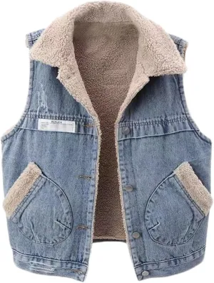 Binmer Womens Sherpa Fleece Lined Denim Vest Lapel Coat Loose Sleeveless Wool Warm Jean Jacket Waistcoat Outwear with Pocket
