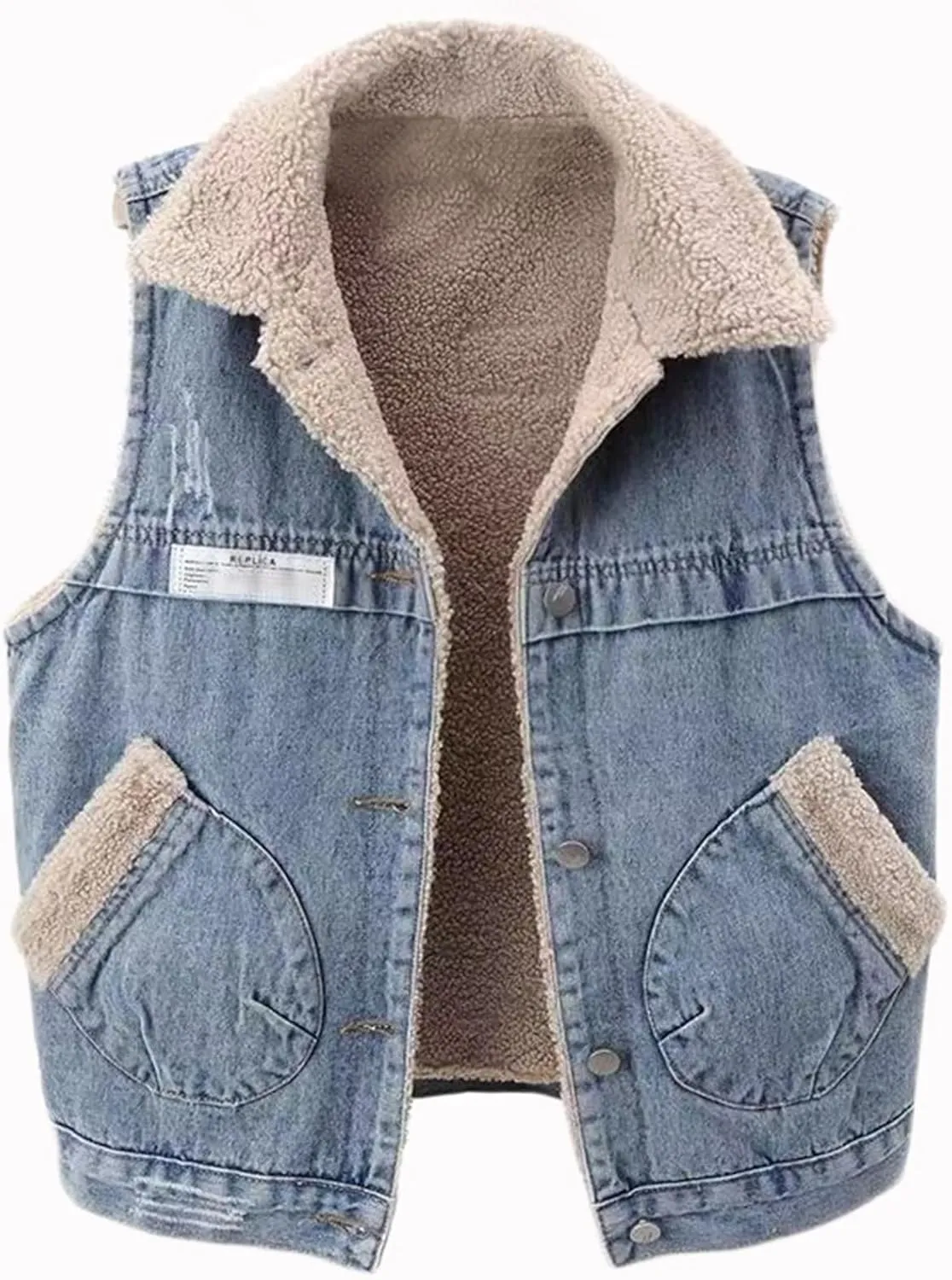 Binmer Womens Sherpa Fleece Lined Denim Vest Lapel Coat Loose Sleeveless Wool Warm Jean Jacket Waistcoat Outwear with Pocket