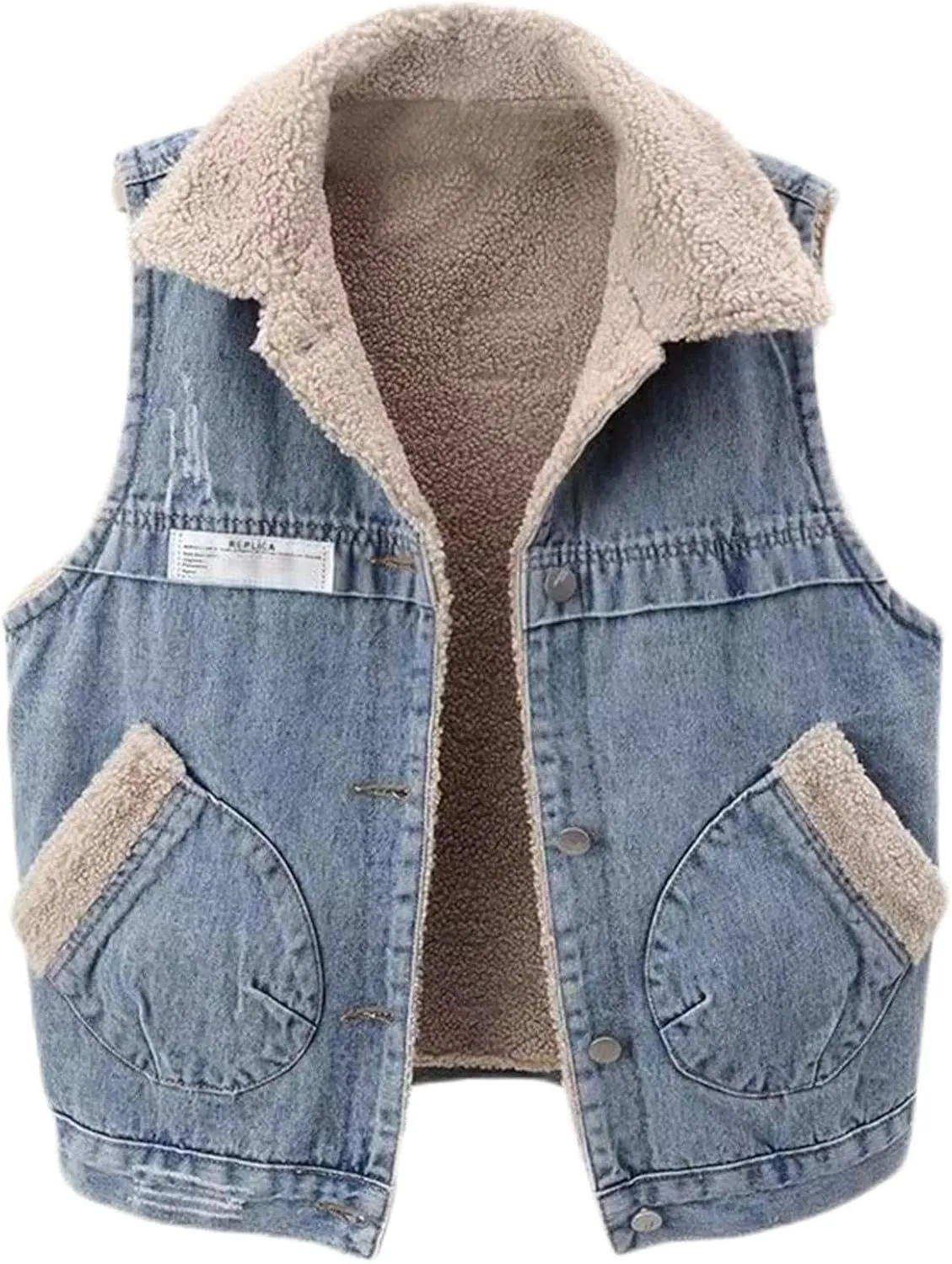 Binmer Womens Sherpa Fleece Lined Denim Vest Lapel Coat Loose Sleeveless Wool Warm Jean Jacket Waistcoat Outwear with Pocket