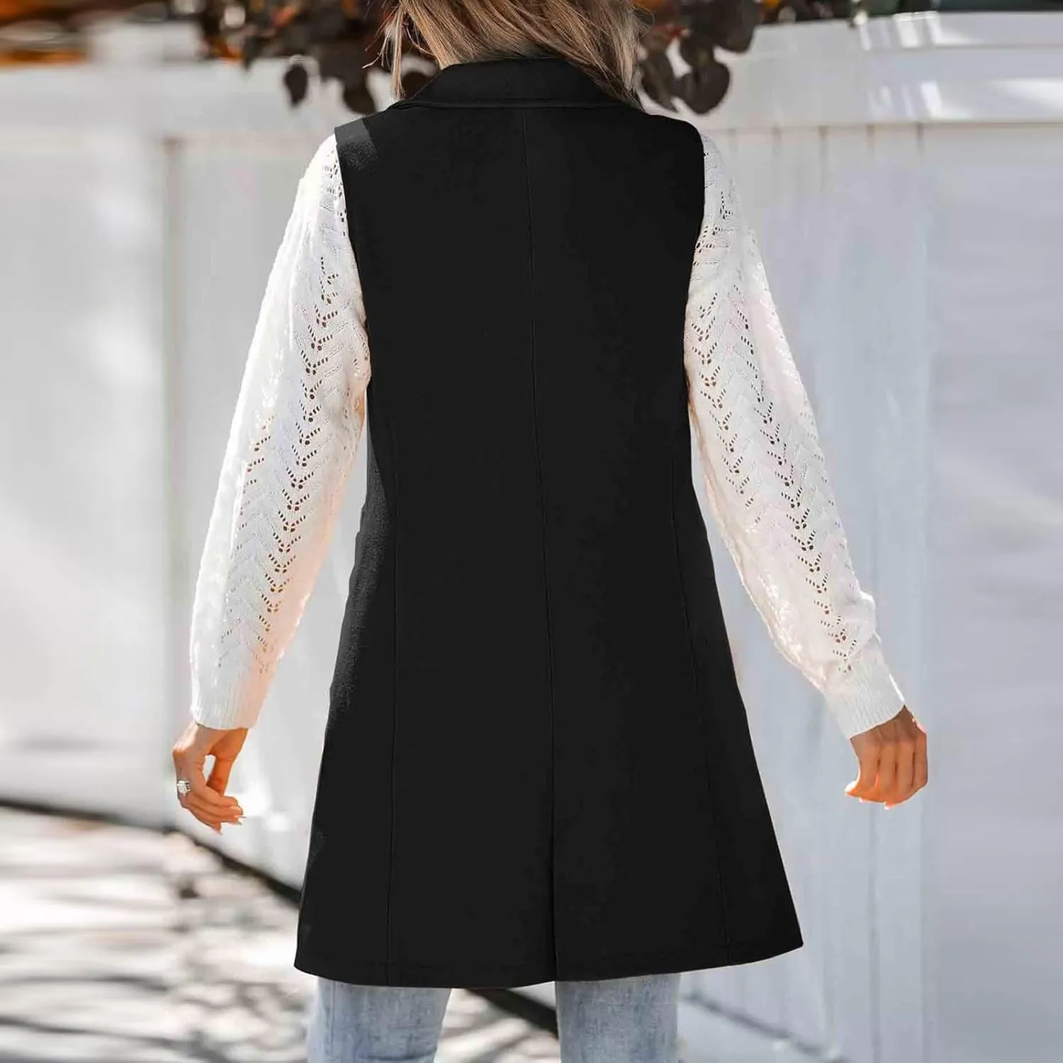 Binmer Women's Sleeveless Blazer Vest Fashion Woolen Trench Coat Casual One Button Longline Jackets Outerwear with Pockets