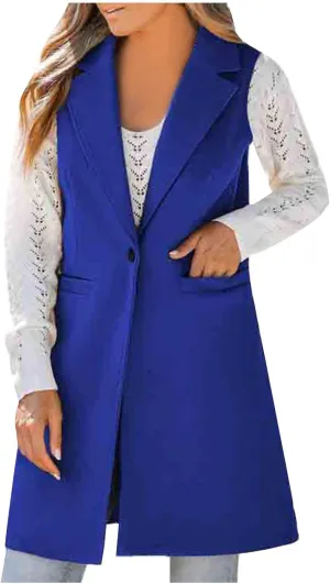 Binmer Women's Sleeveless Blazer Vest Fashion Woolen Trench Coat Casual One Button Longline Jackets Outerwear with Pockets
