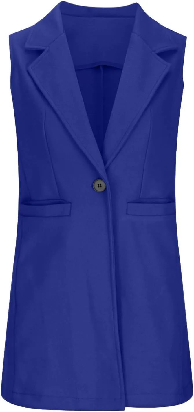 Binmer Women's Sleeveless Blazer Vest Fashion Woolen Trench Coat Casual One Button Longline Jackets Outerwear with Pockets