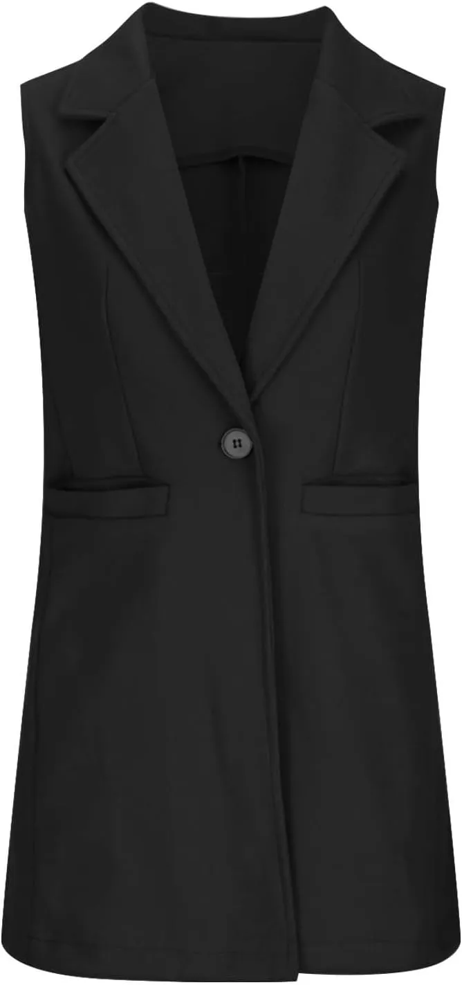 Binmer Women's Sleeveless Blazer Vest Fashion Woolen Trench Coat Casual One Button Longline Jackets Outerwear with Pockets
