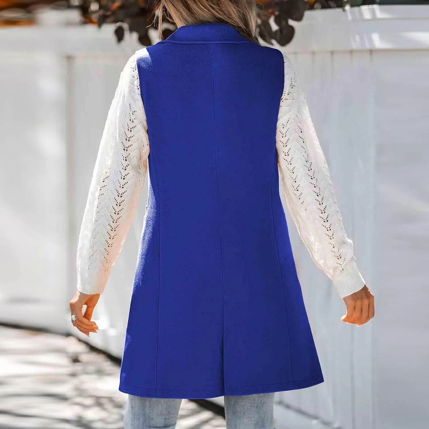 Binmer Women's Sleeveless Blazer Vest Fashion Woolen Trench Coat Casual One Button Longline Jackets Outerwear with Pockets