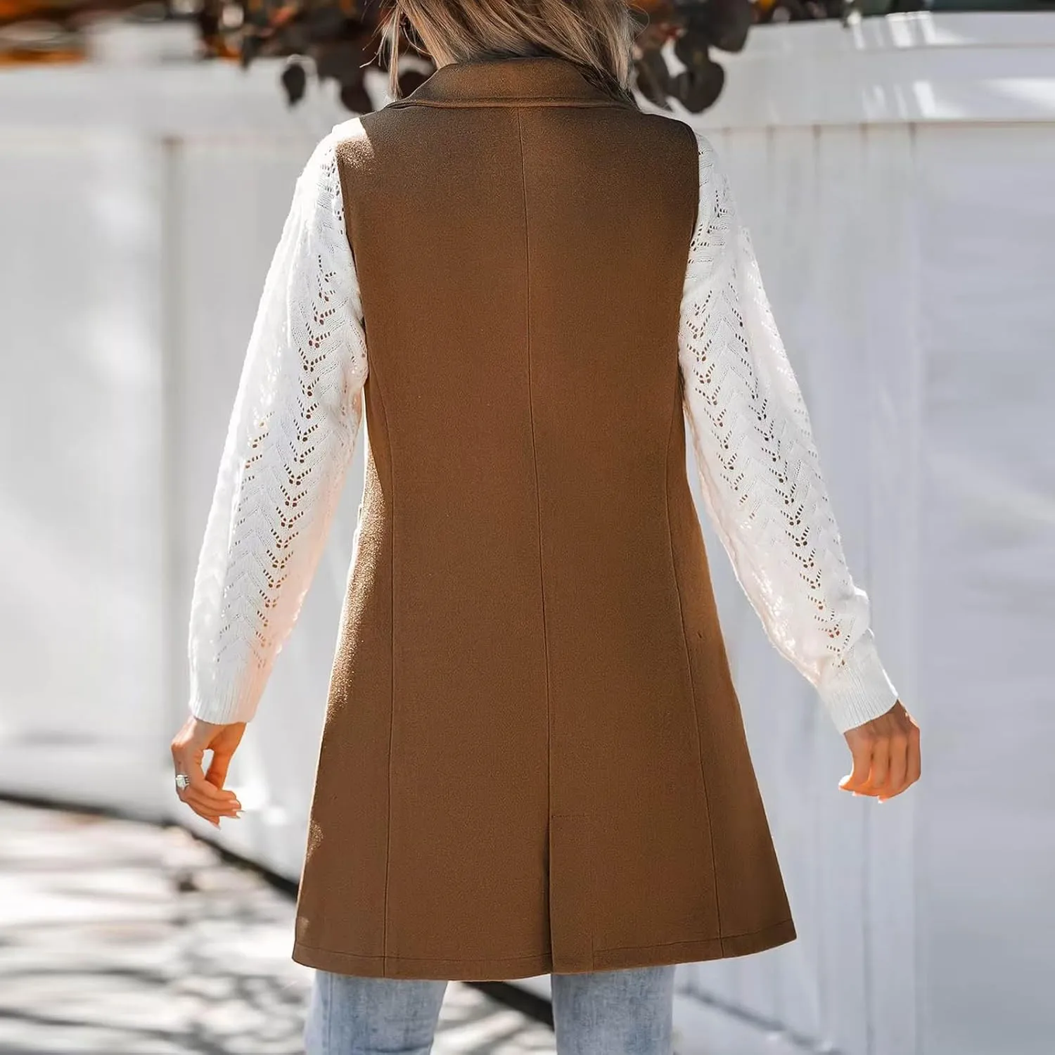 Binmer Women's Sleeveless Blazer Vest Fashion Woolen Trench Coat Casual One Button Longline Jackets Outerwear with Pockets