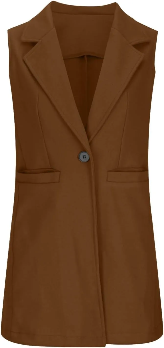 Binmer Women's Sleeveless Blazer Vest Fashion Woolen Trench Coat Casual One Button Longline Jackets Outerwear with Pockets