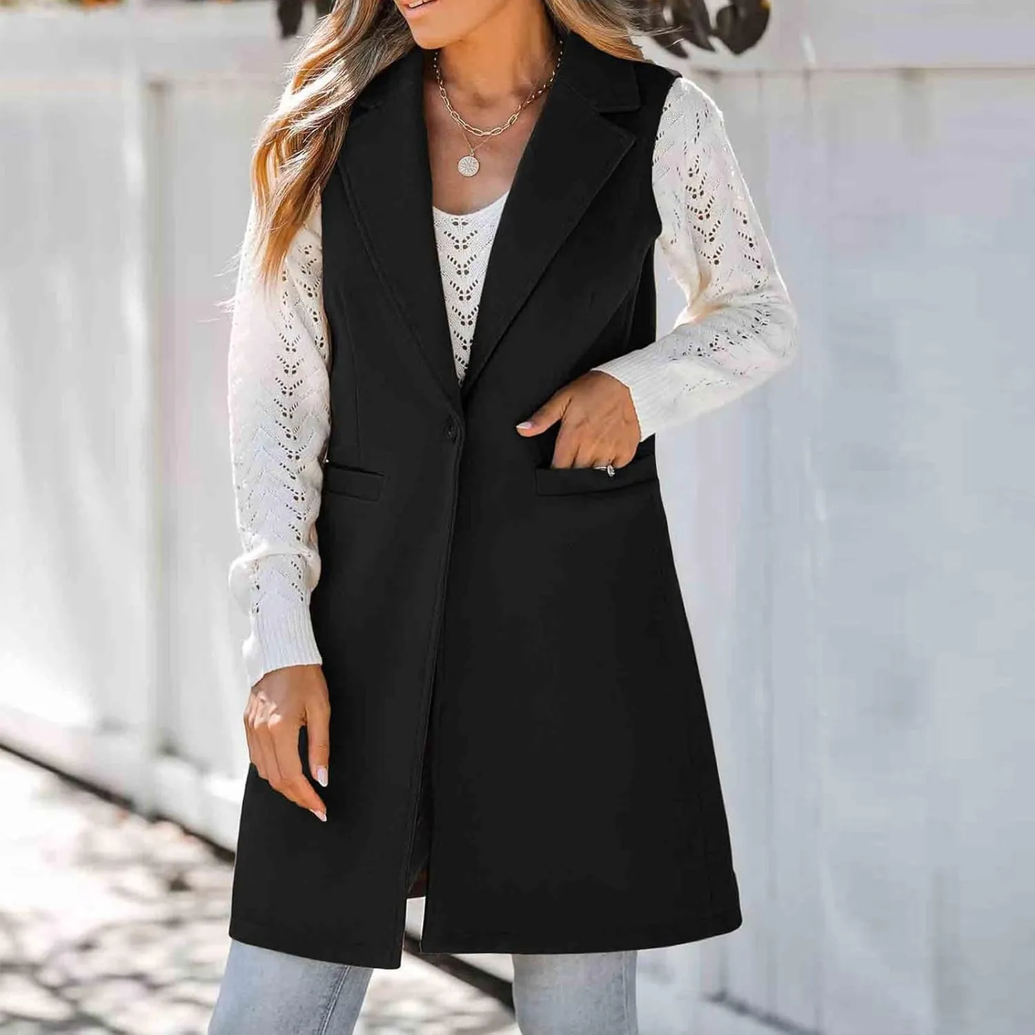 Binmer Women's Sleeveless Blazer Vest Fashion Woolen Trench Coat Casual One Button Longline Jackets Outerwear with Pockets