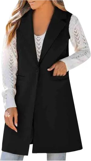 Binmer Women's Sleeveless Blazer Vest Fashion Woolen Trench Coat Casual One Button Longline Jackets Outerwear with Pockets