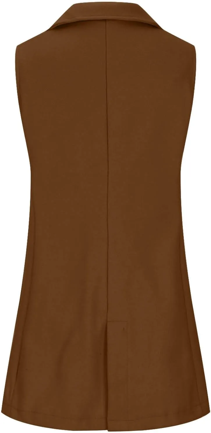Binmer Women's Sleeveless Blazer Vest Fashion Woolen Trench Coat Casual One Button Longline Jackets Outerwear with Pockets