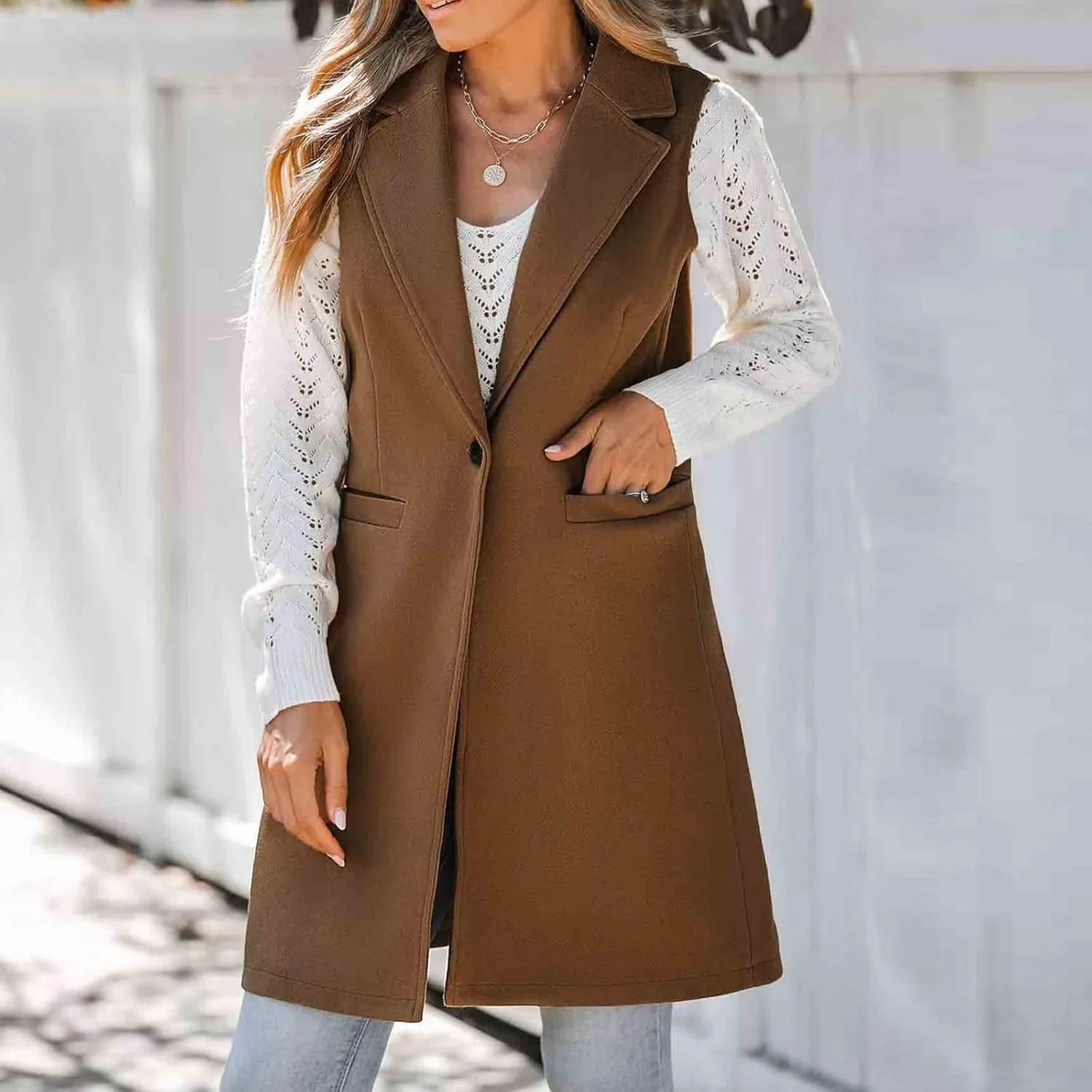 Binmer Women's Sleeveless Blazer Vest Fashion Woolen Trench Coat Casual One Button Longline Jackets Outerwear with Pockets