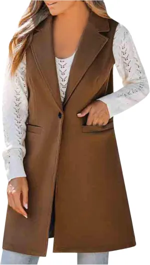 Binmer Women's Sleeveless Blazer Vest Fashion Woolen Trench Coat Casual One Button Longline Jackets Outerwear with Pockets