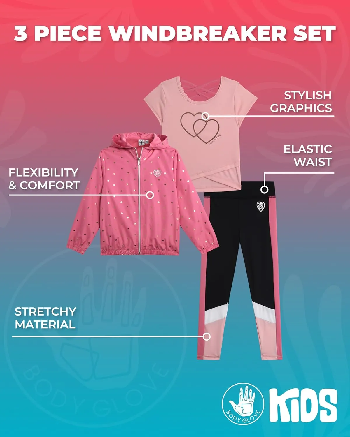Body Glove Girls' Leggings Set - 3 Piece Windbreaker, T-Shirt, Leggings - Athleisure Outfit Set for Girls (2T-6X)