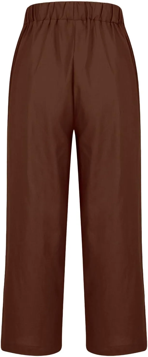 Boho Linen Pants for Women Solid Color Casual Cropped Capri Pants Summer Drawstring Straight Leg Trousers