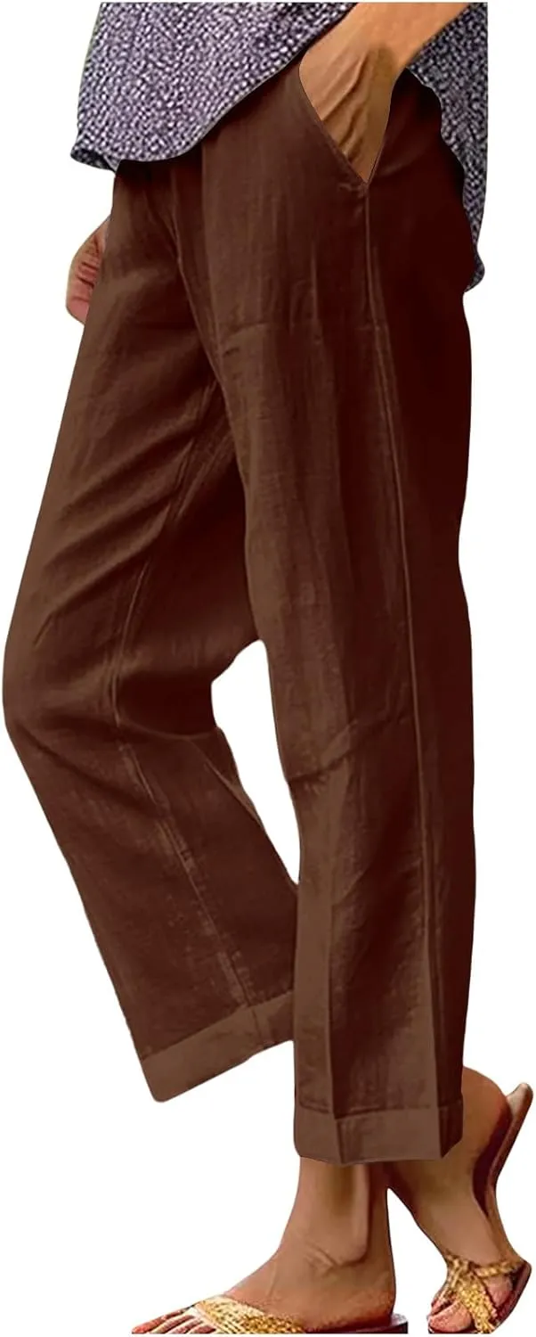 Boho Linen Pants for Women Solid Color Casual Cropped Capri Pants Summer Drawstring Straight Leg Trousers