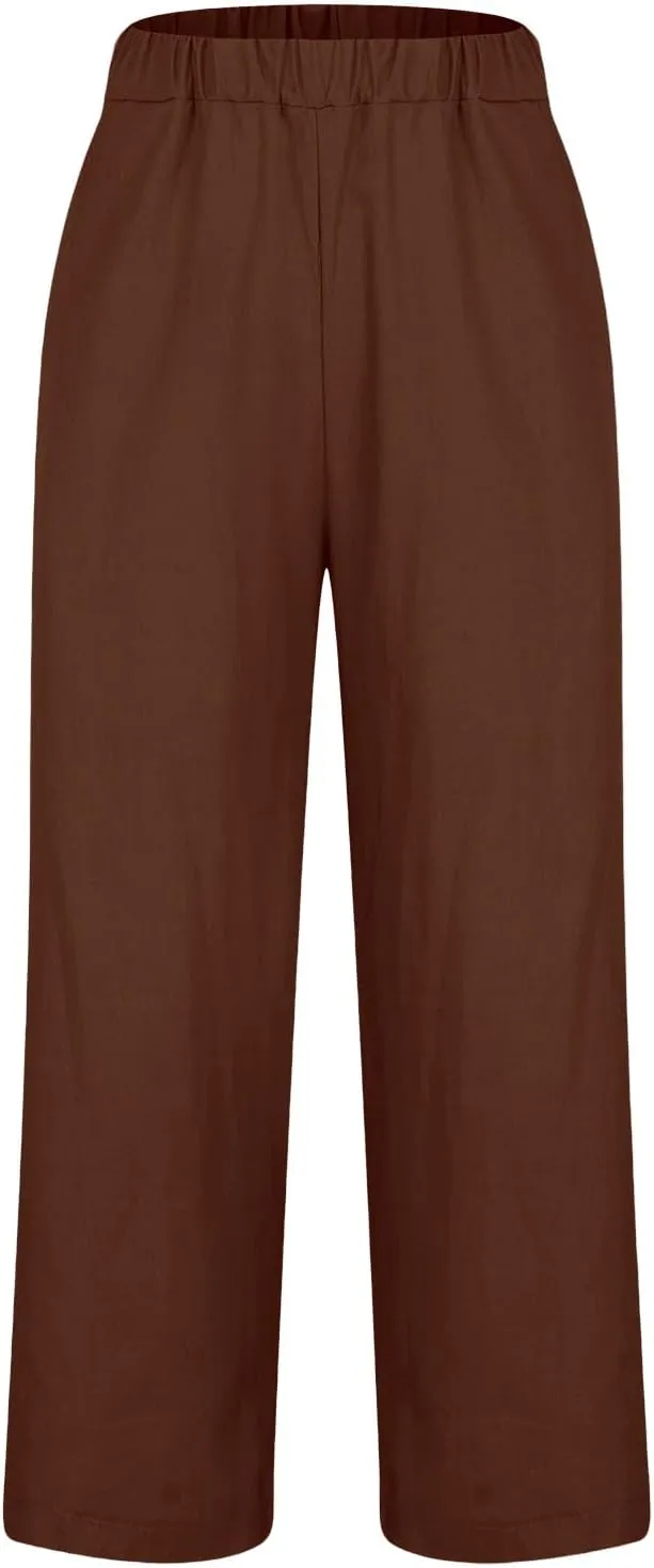 Boho Linen Pants for Women Solid Color Casual Cropped Capri Pants Summer Drawstring Straight Leg Trousers