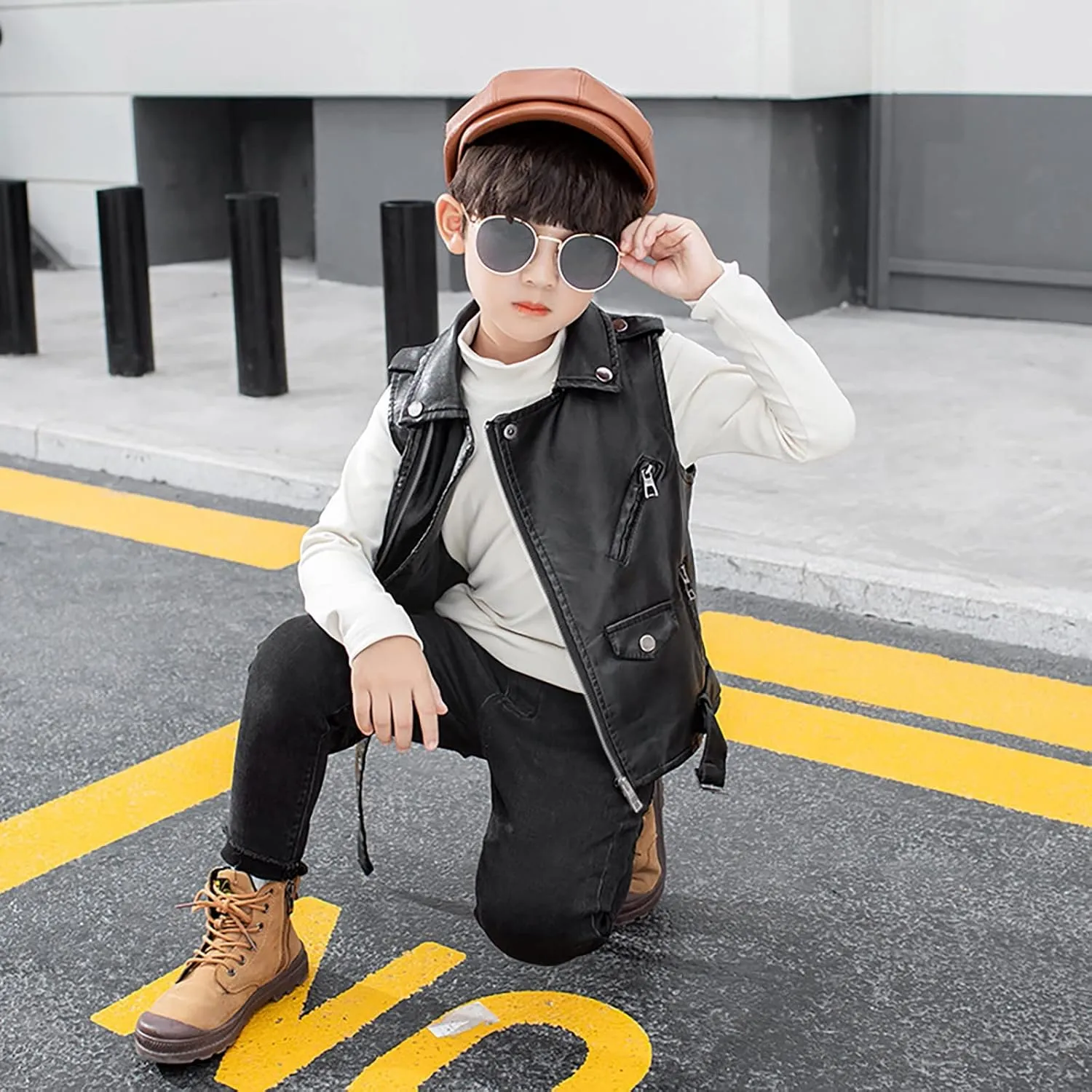 Boys Girls Faux Leather Vest Coat Toddler Kids Zip Up Motorcycle Sleeveless Casual Jacket Outerwear with Pockets
