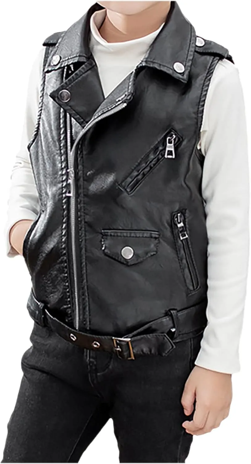 Boys Girls Faux Leather Vest Coat Toddler Kids Zip Up Motorcycle Sleeveless Casual Jacket Outerwear with Pockets