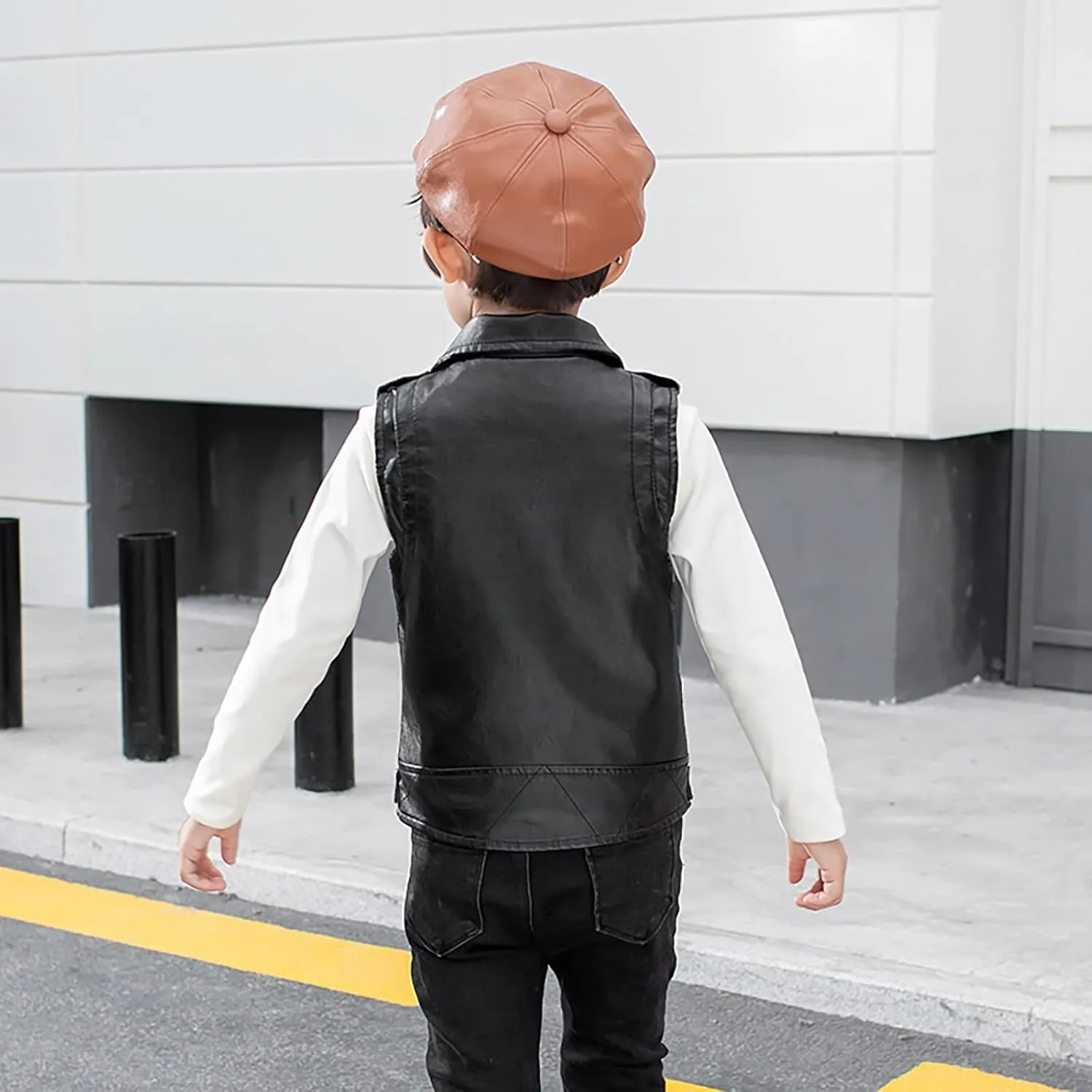 Boys Girls Faux Leather Vest Coat Toddler Kids Zip Up Motorcycle Sleeveless Casual Jacket Outerwear with Pockets